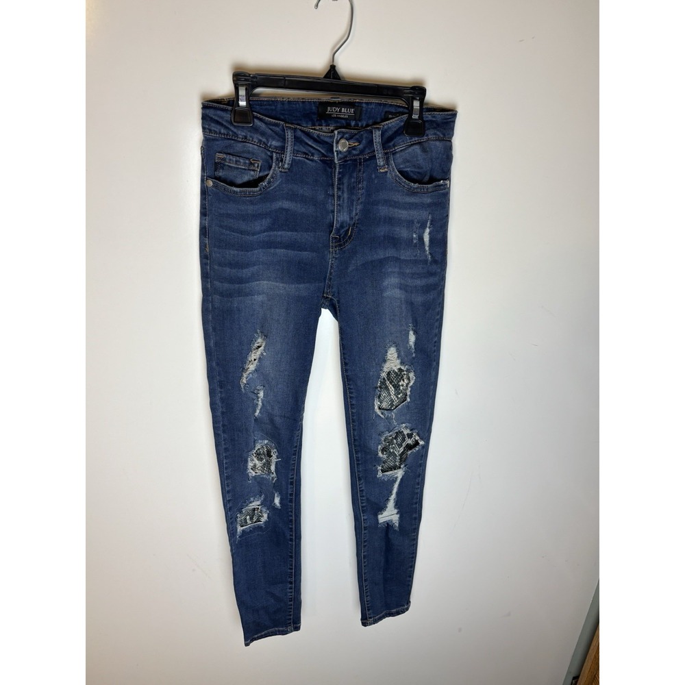 Judy Blue Jeans Women 5/27 Blue Denim Python Patch Skinny Fit Distressed Stretch